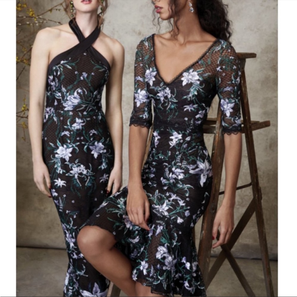 Marchesa Notte Black Floral Lace Embroidered Midi Dress 8 - Picture 3 of 13